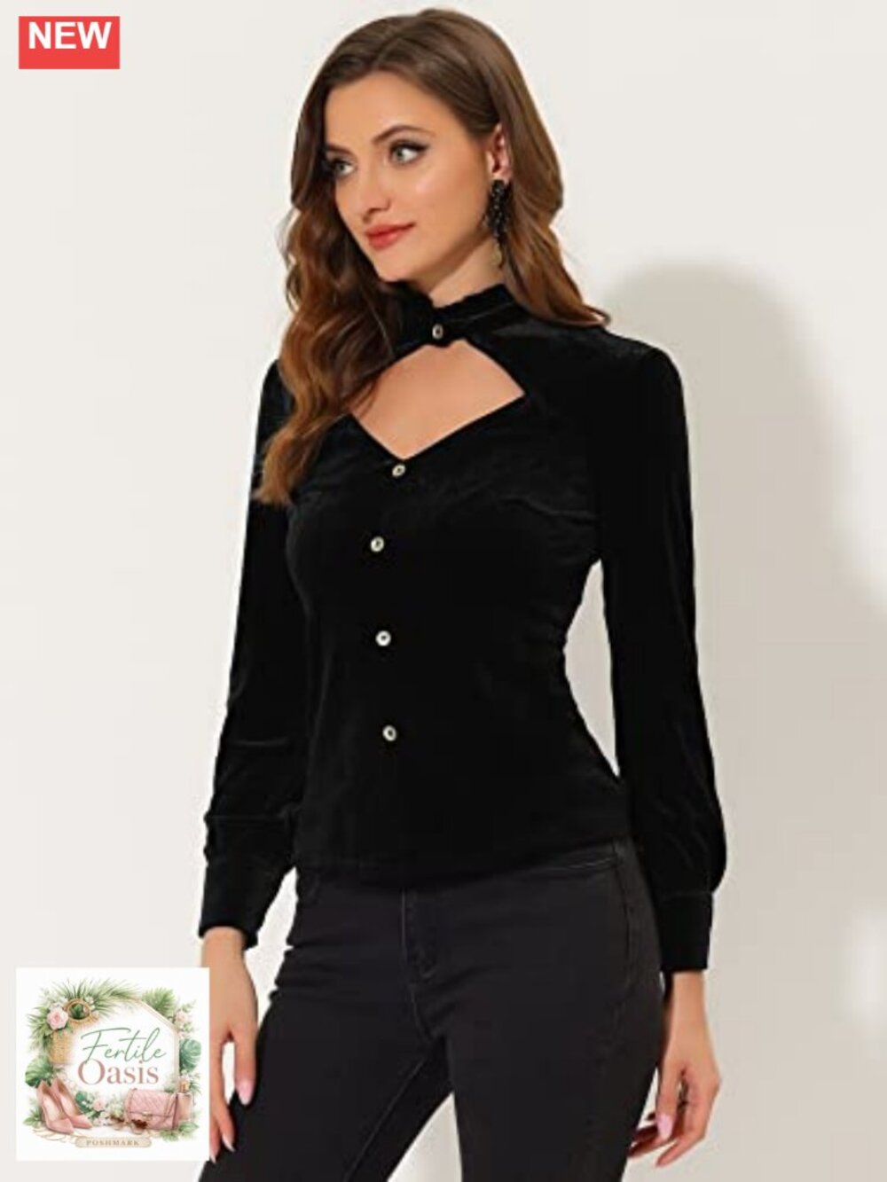 Women's Velvet Long Sleeve Halloween Blouse Ruffle Mock Neck - Picture 3 of 5